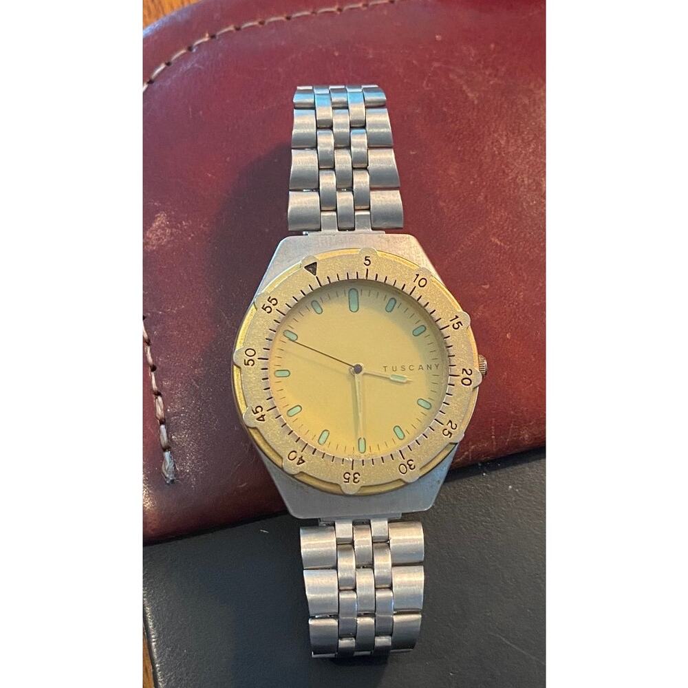 Men's 37mm Brushed Metal Tone Tuscany Watch with Rotating Gold Tone Bezel